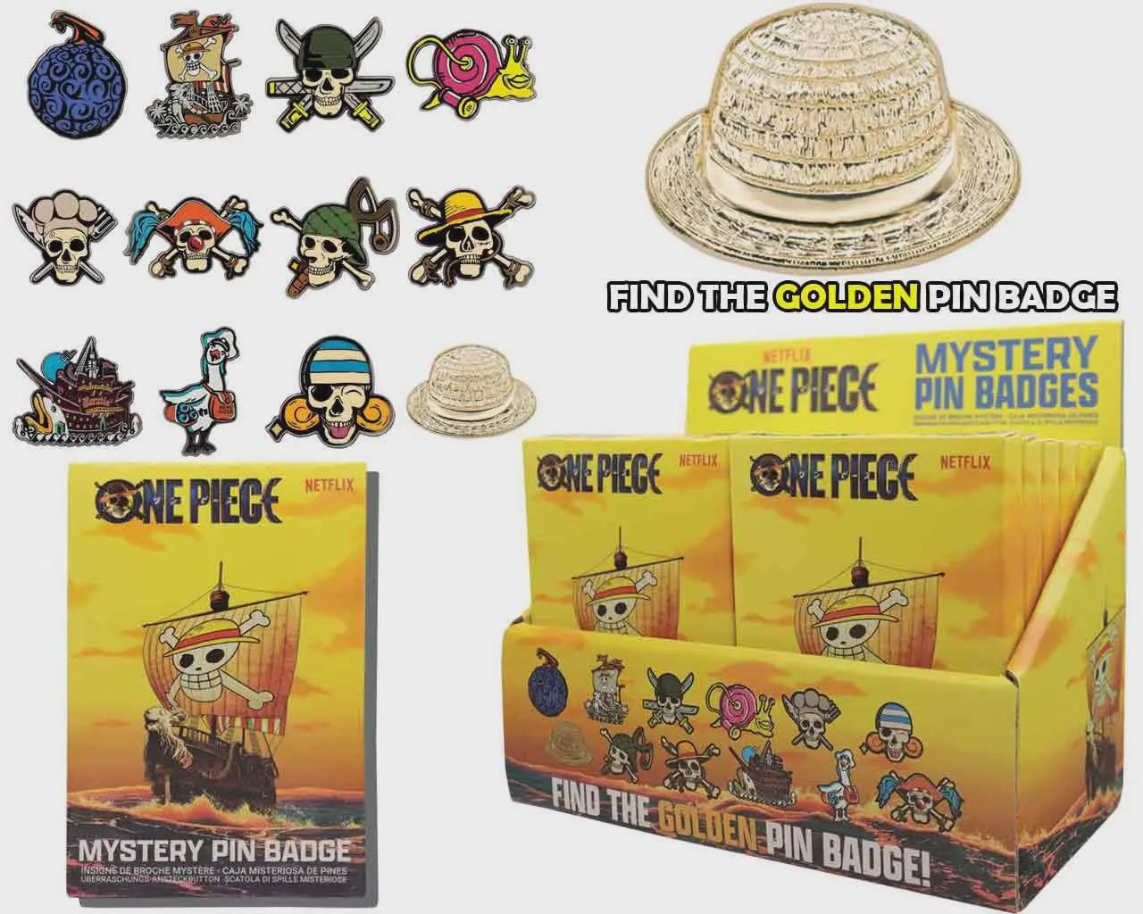 One Piece Mystery Pin Badge set featuring a display box, individual packages, a straw hat, and multiple character pin badges on a white background. The packaging prominently displays the One Piece logo and the text 'Find the Golden Pin Badge'.