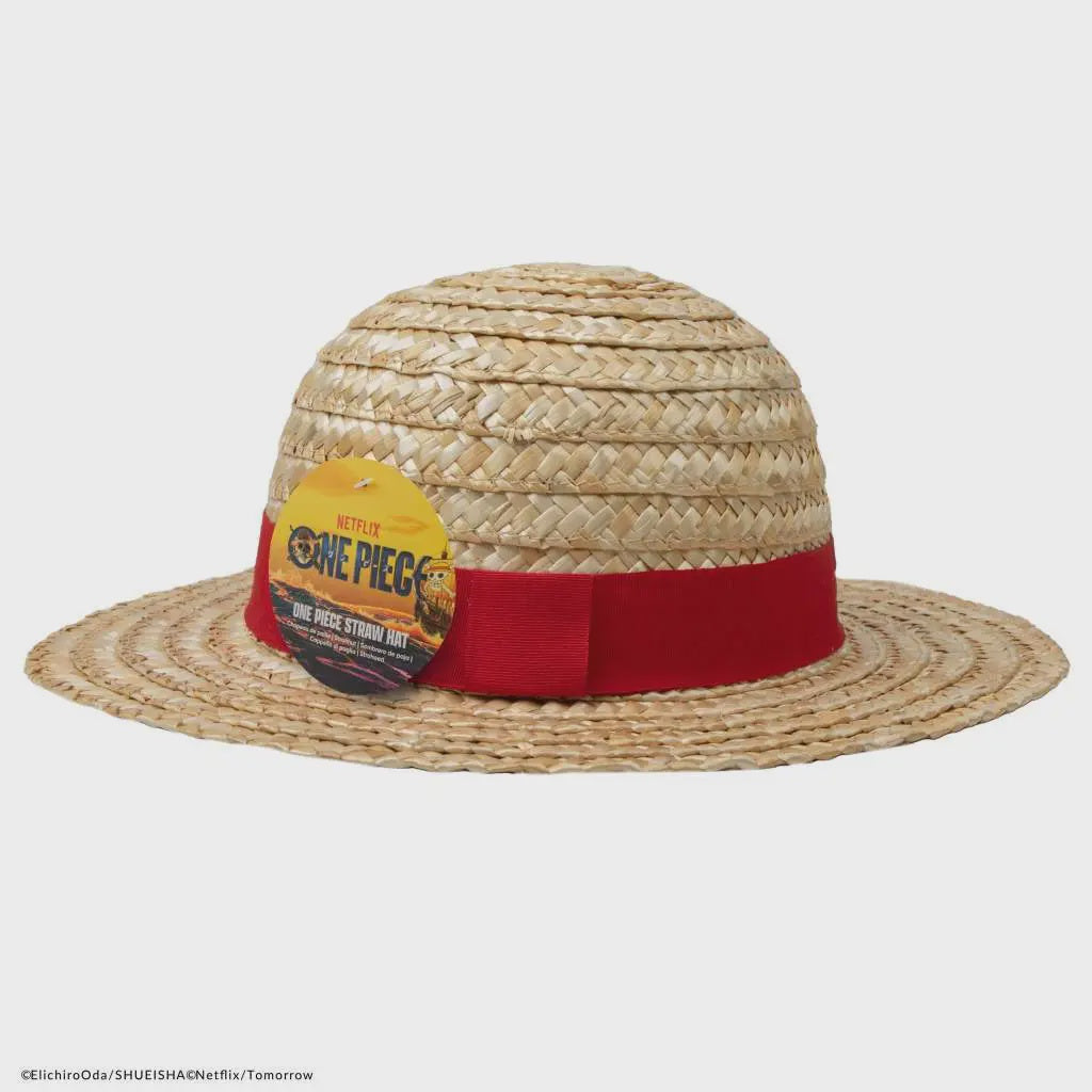 Straw hat with a red band and One Piece logo on a white background
