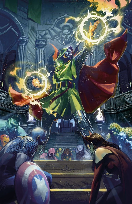Comic book cover with superhero characters in a grand hall