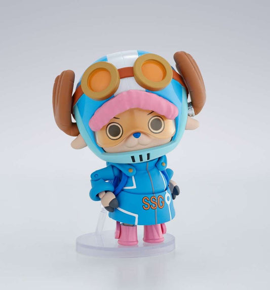 Colorful figurine with blue outfit and pink hat on a white background