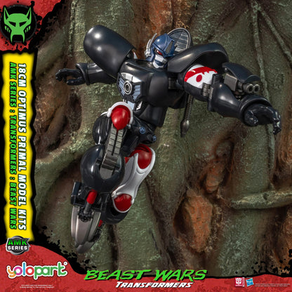 YoloPart Beast Wars Transformers Optimus Prime 1/64 scale action figure mounted on a motorcycle, posed against a rocky, forest-like backdrop. The figure is primarily black with red and white accents, and the image includes promotional text and logos for YoloPart and Beast Wars Transformers.
