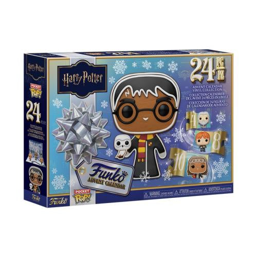 Funko Pop! Harry Potter Advent Calendar box, featuring a blue winter-themed design with snowflakes, a large silver gift bow illustration, and character graphics including Harry Potter, Ron Weasley, and Draco Malfoy.