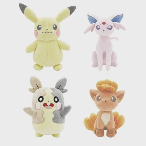 Four plush toy characters arranged in a 2x2 grid on a light gray background: a yellow Pikachu-style character at top left, a pale pink Eevee-style character at top right, a cream and gray Pylormia-style character at bottom left, and a tan/orange Vaporeo-style character at bottom right.