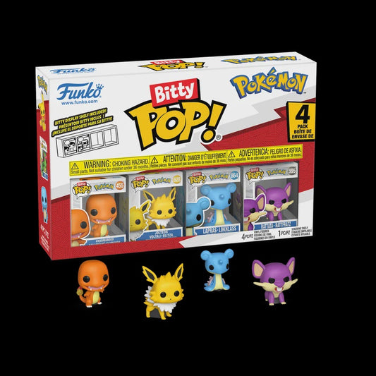 Pokémon Bitty Pop! toy set packaging with four figures displayed in front.