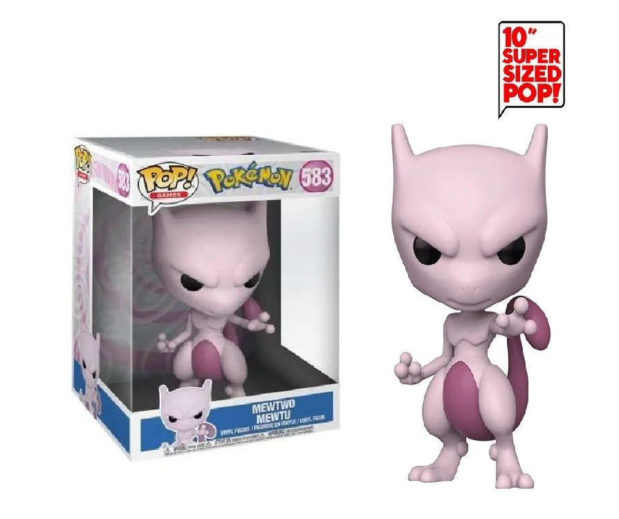Super sized Pop! vinyl figure of Mewtwo from Pokemon with packaging on a white background