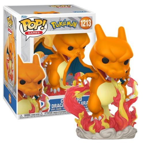 Funko Pop! Games Pokémon Charizard figure number 1213, shown standing on a red and yellow flame base in front of its retail box.