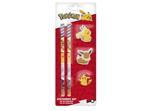 A Pokémon stationery set in retail packaging, featuring three pencils with Pikachu and Eevee designs alongside three matching sticker characters on a red blister card.