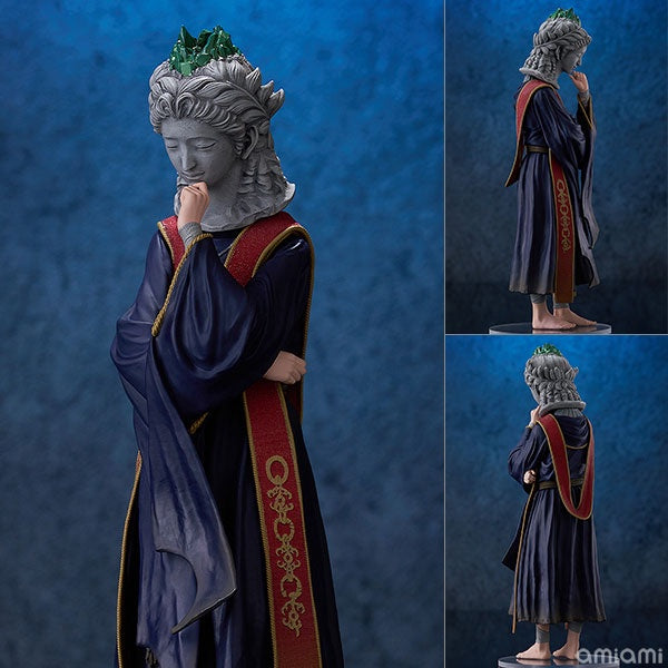 Statue of a figure in regal attire with a blue background