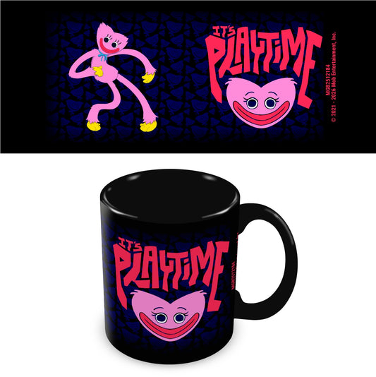 A black ceramic mug featuring a pink and red cartoon character and the text 'IT'S PLAYTIME' against a dark cracked background. A matching printed graphic panel is shown above the mug on a white background.
