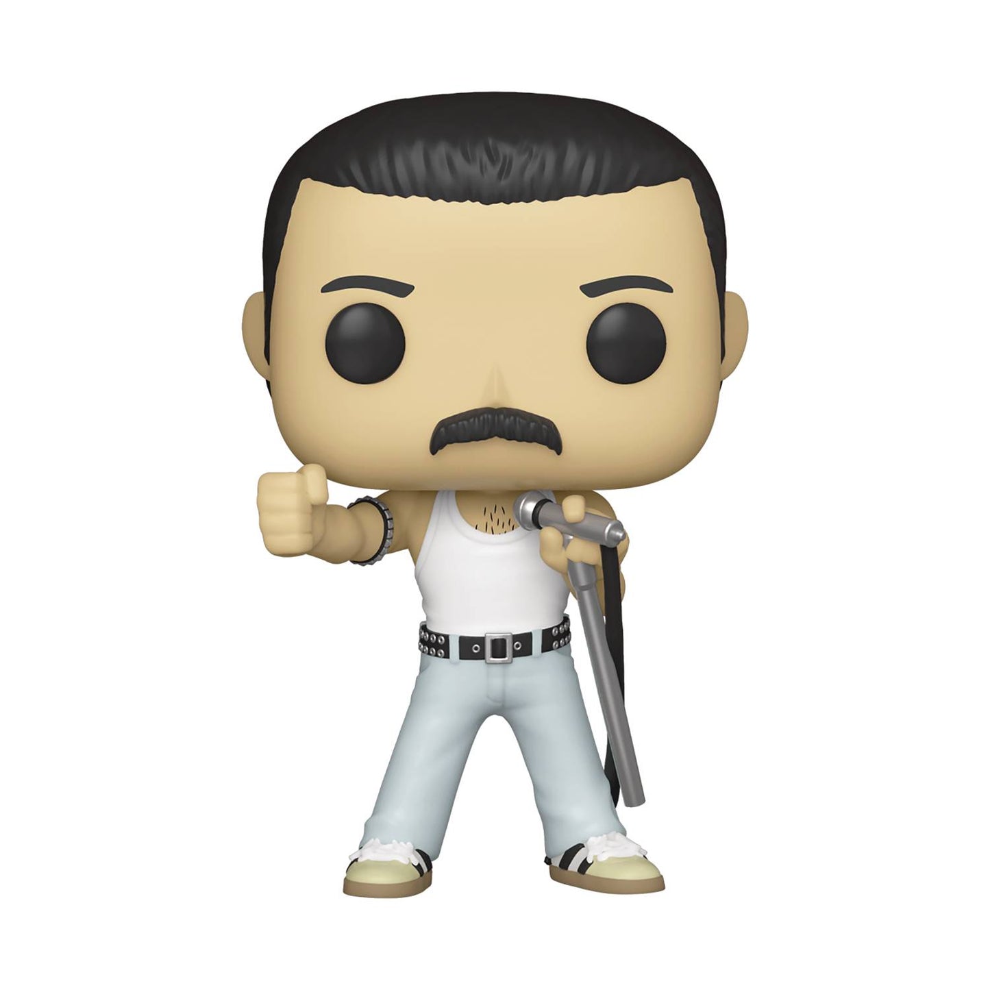 A vinyl figure of Freddie Mercury from the band Queen, wearing a white outfit and holding a microphone.