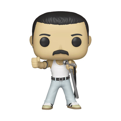 A vinyl figure of Freddie Mercury from the band Queen, wearing a white outfit and holding a microphone.