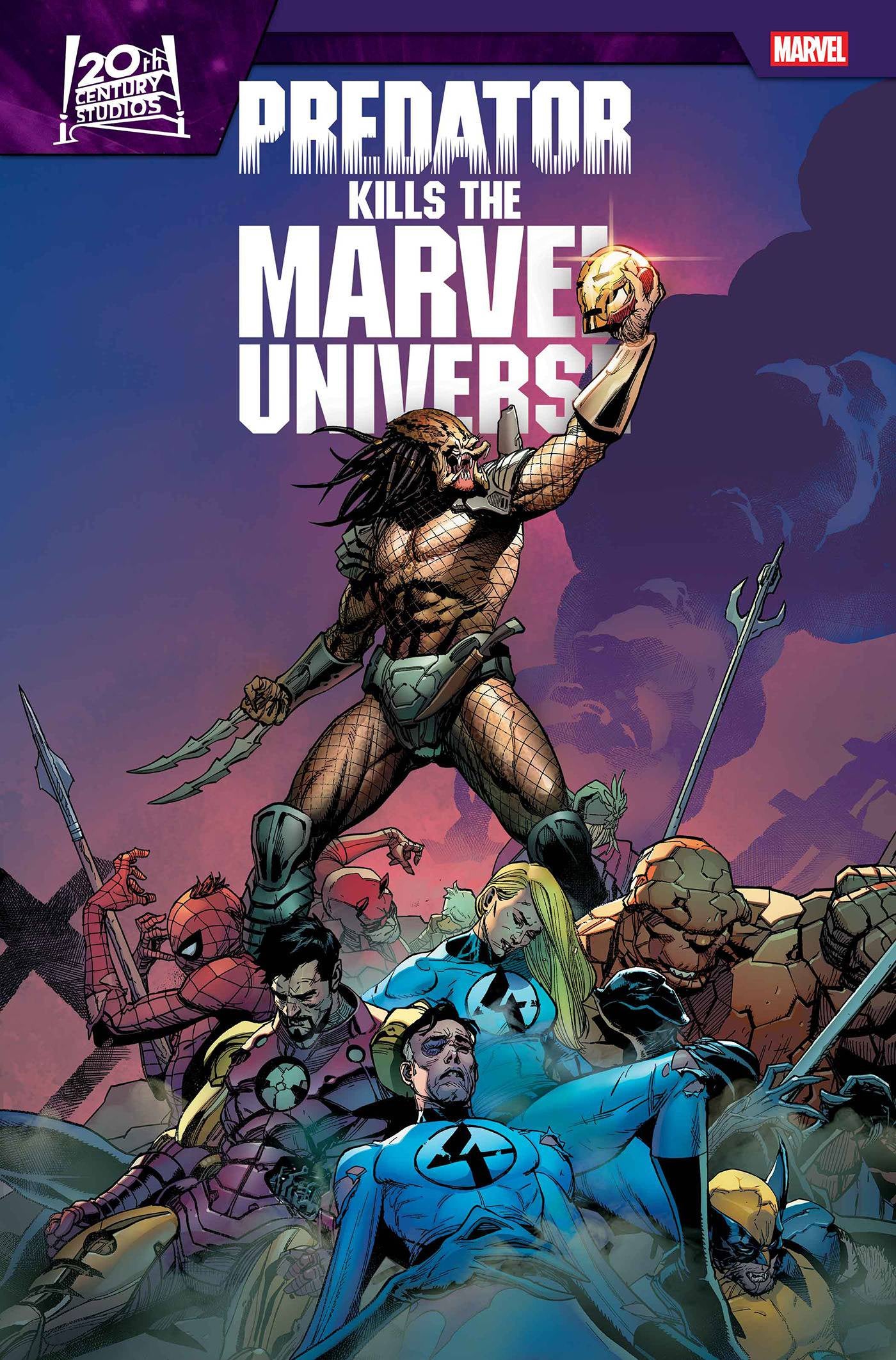 Comic book cover featuring Predator killing Marvel characters with a purple and blue gradient background.