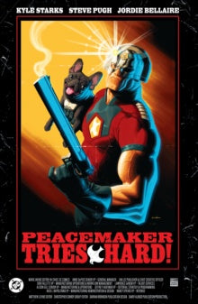 A muscular superhero wearing red holding a gun in one hand and a dog in the other