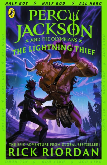 Book cover of 'Percy Jackson and the Olympians: The Lightning Thief' with two characters facing off against a stormy background.