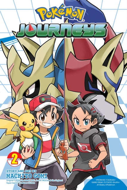 Pokémon Journeys book cover with two characters and a Pokémon on a checkered background