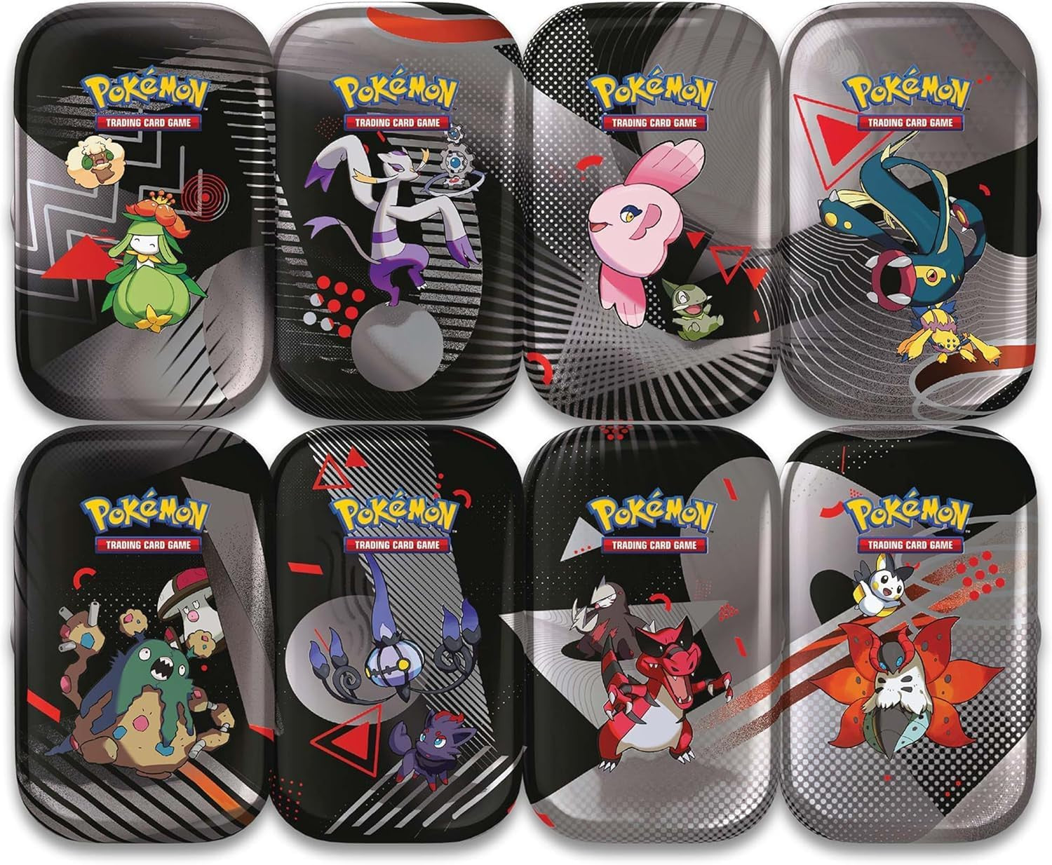 Set of eight Pokémon trading card game tins with various characters on a black background.