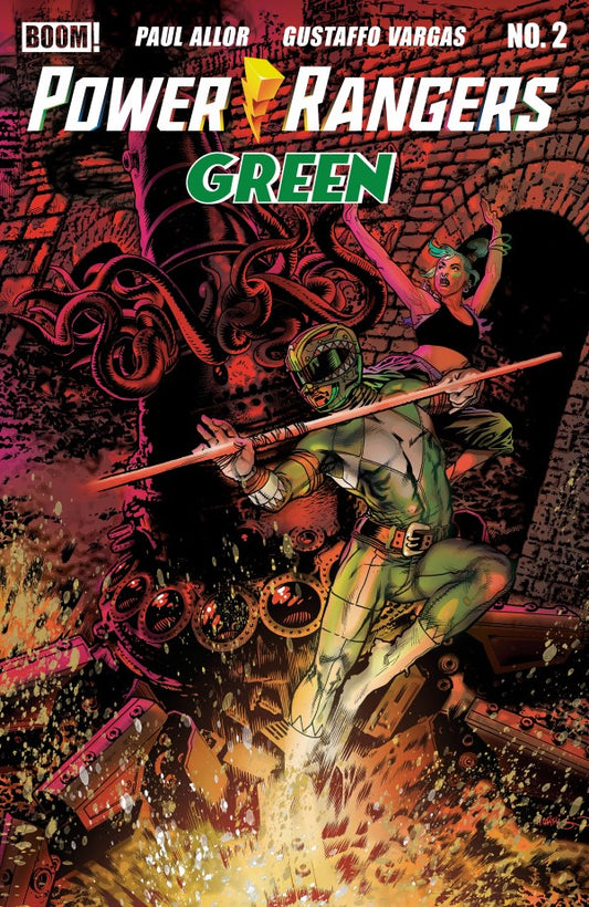 Comic book cover of Power Rangers Green featuring a green ranger in action pose.