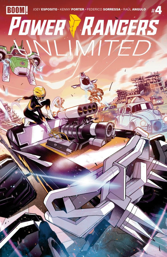 Comic book cover for Power Rangers Unlimited issue #4, featuring illustrated characters in a sci-fi city scene with vehicles and large title text at the top.