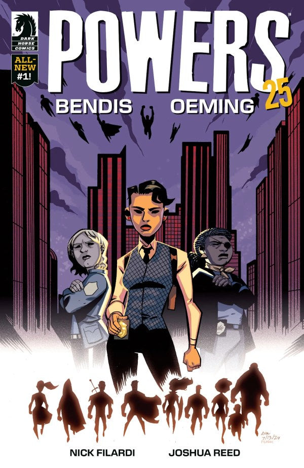 Comic book cover of 'Powers' with characters and cityscape