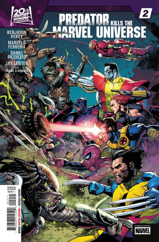 Comic book cover featuring various heroes and a Predator, with Marvel branding.