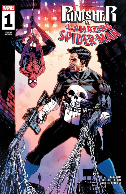 Marvel's Punisher vs. The Amazing Spider-Man #1 comic book cover featuring a dynamic illustrated battle scene with the Punisher in black and white with a skull emblem, Spider-Man hanging upside down in red and blue, and a pink-and-black city background.