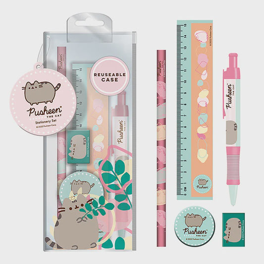 Pusheen the cat stationery set with reusable case, ruler, pen, and stickers on a white background