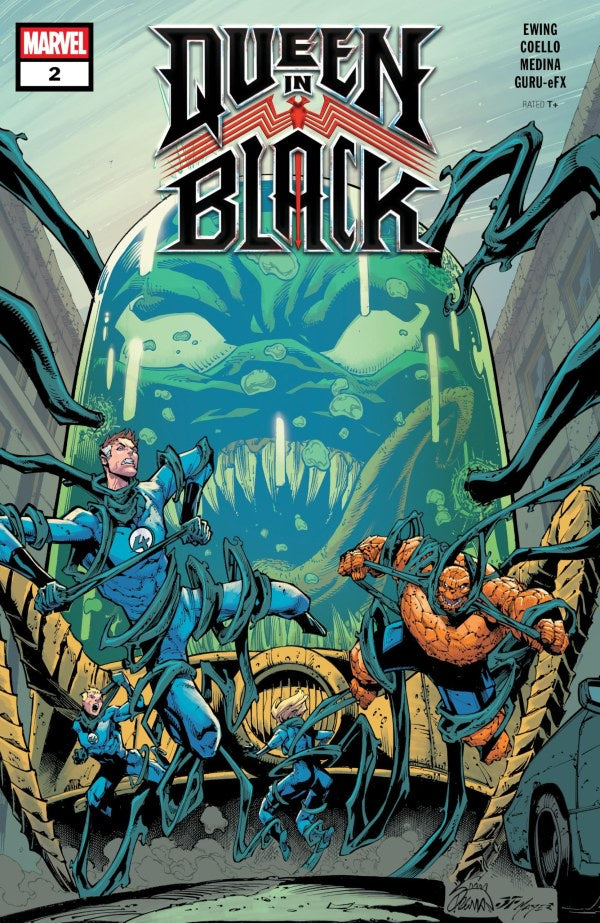 Marvel's Queen in Black #2 comic book cover featuring a large green monster face behind a car, with characters in blue and orange costumes in a dramatic action scene.
