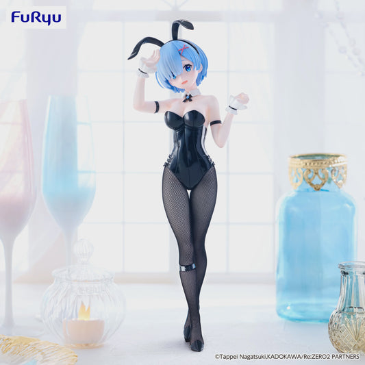 Figure of a character in a black outfit with blue hair against a white background, featuring the Furyu brand.