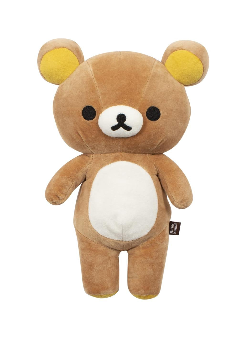 Brown teddy bear plush toy with yellow ears on a white background