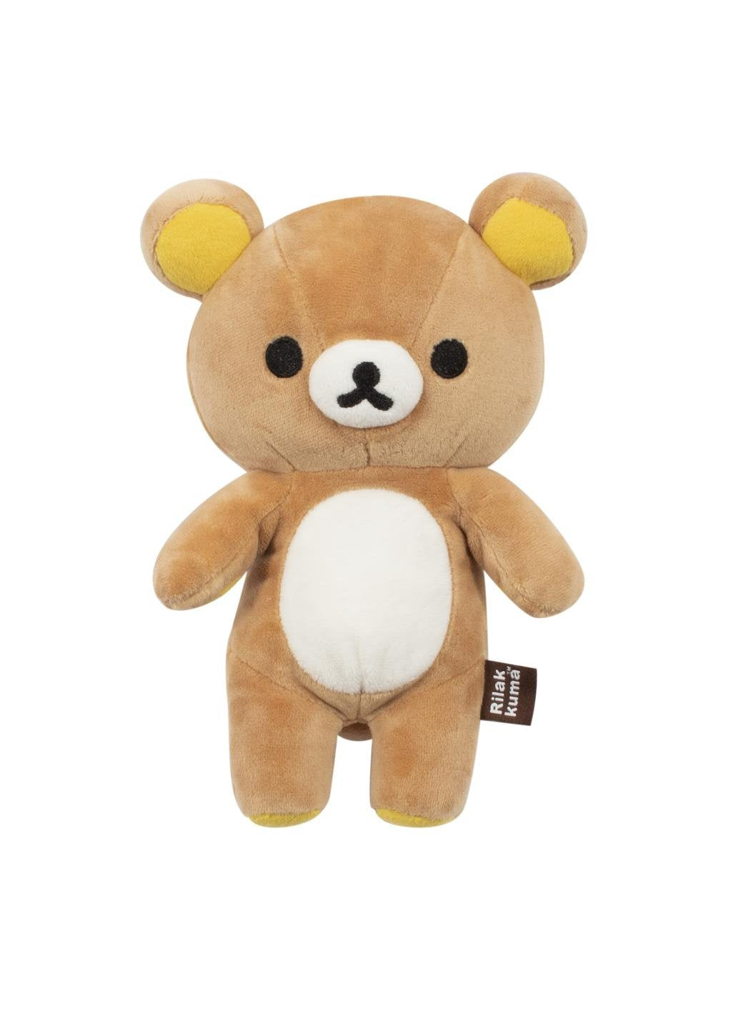 Plush bear toy with a white belly and yellow paws on a white background