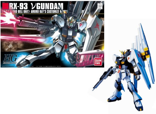 Model kit of RX-93 ν Gundam with Bandai branding on a white background