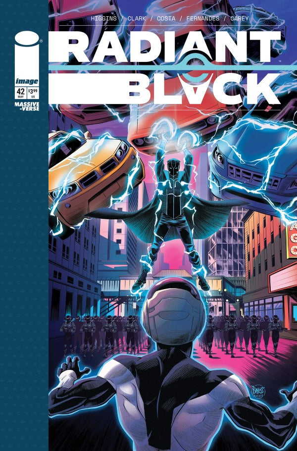 Comic book cover of 'Radiant Black' with superhero and robot characters in an urban setting.