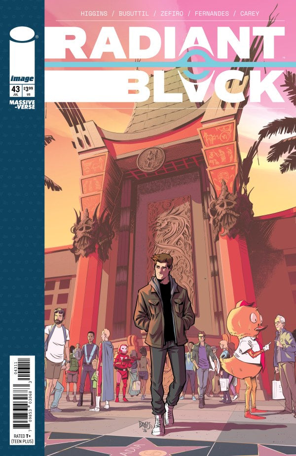 Comic book cover of 'Radiant Block' with a man and fox character in front of a large gate.