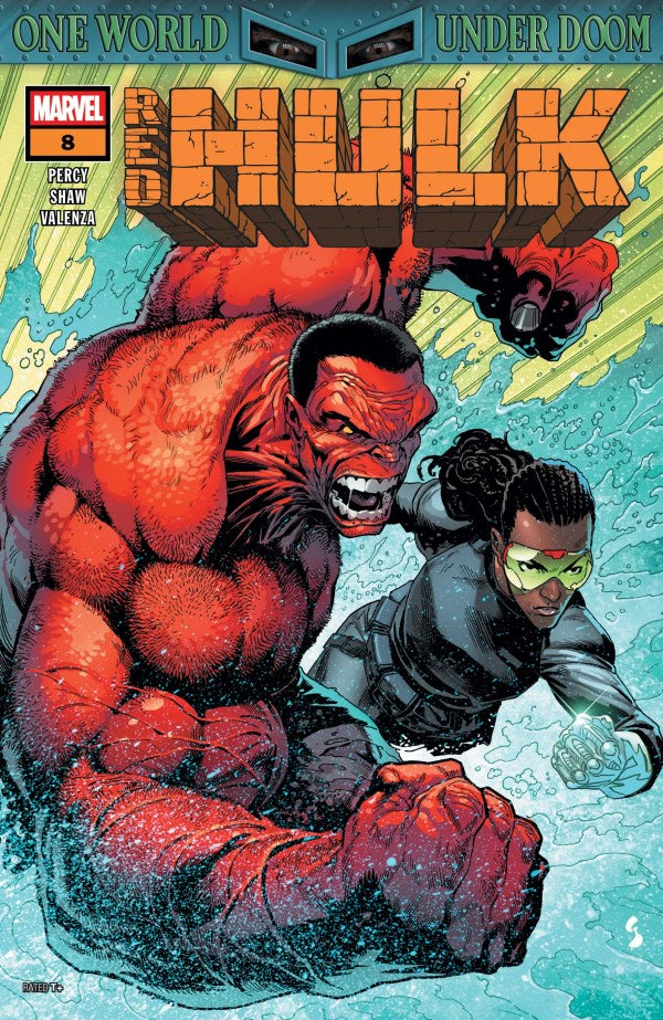 Comic book cover featuring a red-skinned superhero and a person in a gray suit with yellow goggles.