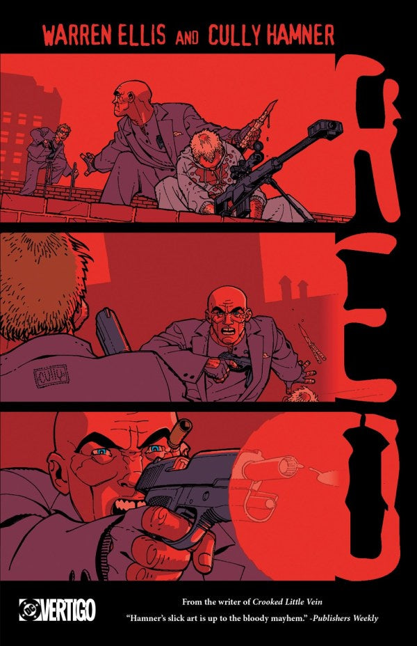 Comic book cover with a red and purple color scheme featuring a gun and two characters.