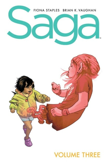 Comic book cover of 'Saga' with two characters interacting, on a white background.