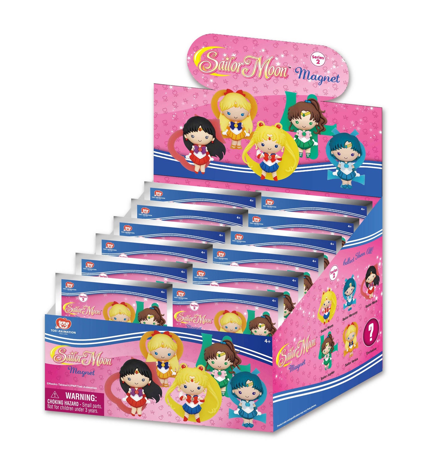 Display box of Sailor Moon magnets with character illustrations on a white background