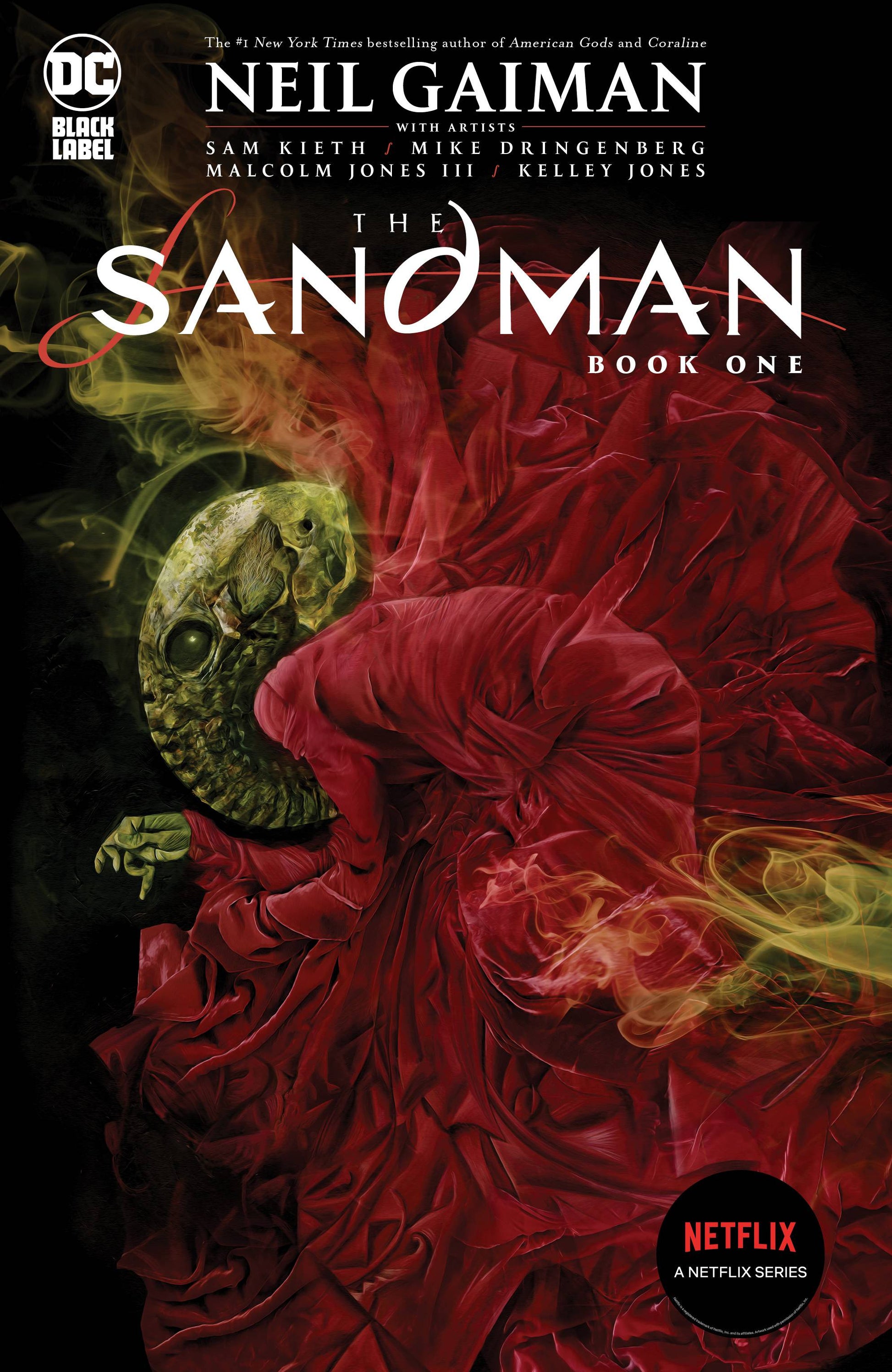 Cover of the graphic novel 'SANDMAN TP BOOK 01 (MR)' featuring a red and black artistic depiction of the character Morpheus, also known as Dream, with a smoky background.