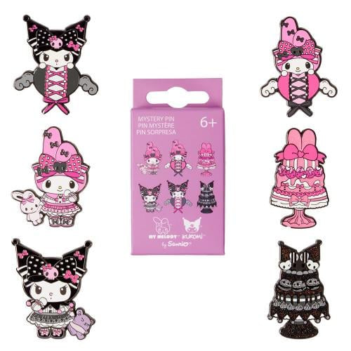 Set of cute character pins with packaging on a white background