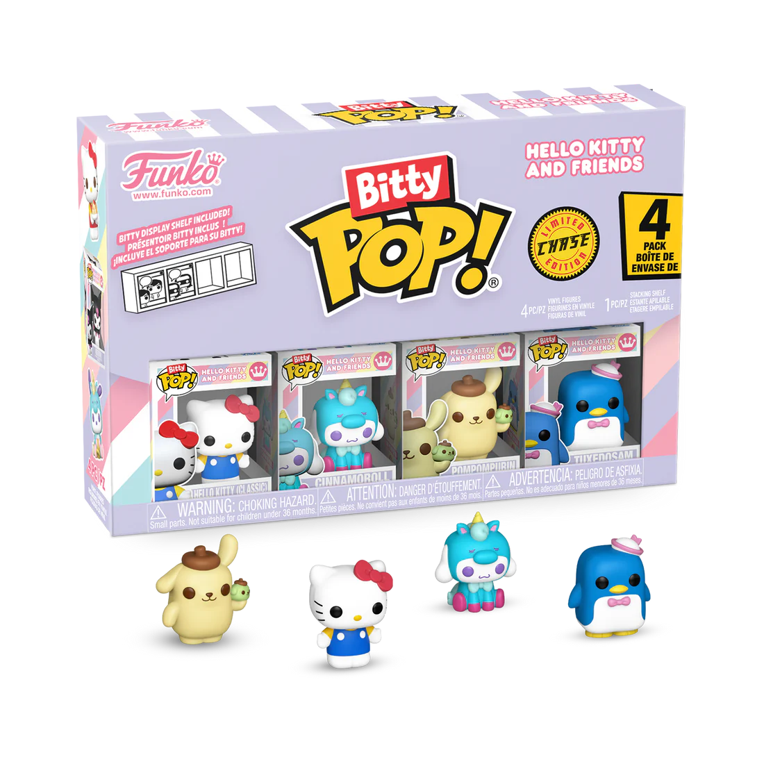 Bitty Pop! Funko packaging with four small figurines in front on a white background