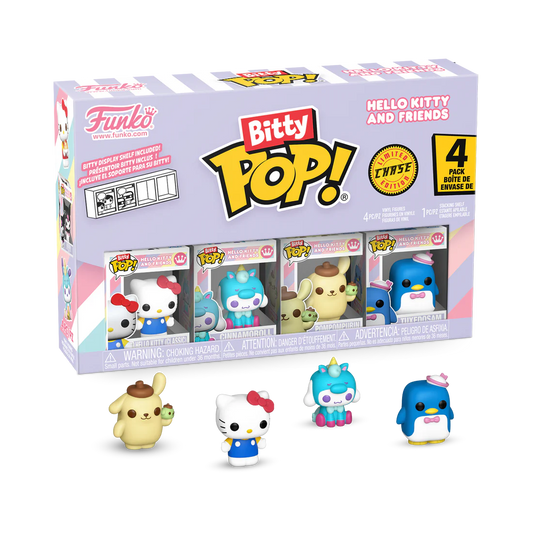 Bitty Pop! Funko packaging with four small figurines in front on a white background