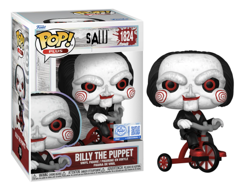 Funko Pop! vinyl figure of Billy the Puppet from Saw next to its packaging.