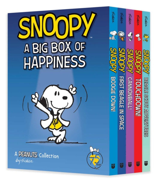 Collection of Snoopy books titled 'A Big Box of Happiness' on a white background