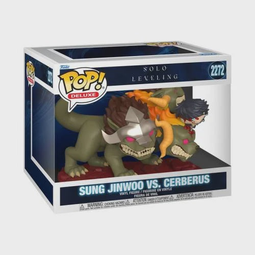 Funko Pop! Deluxe vinyl figure packaging featuring Sung Jinwoo vs. Cerberus on a white background.