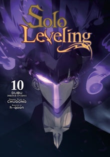 Cover of 'SOLO LEVELING TP VOL 10' featuring a character with a glowing purple aura and eyes, set against a dark background.