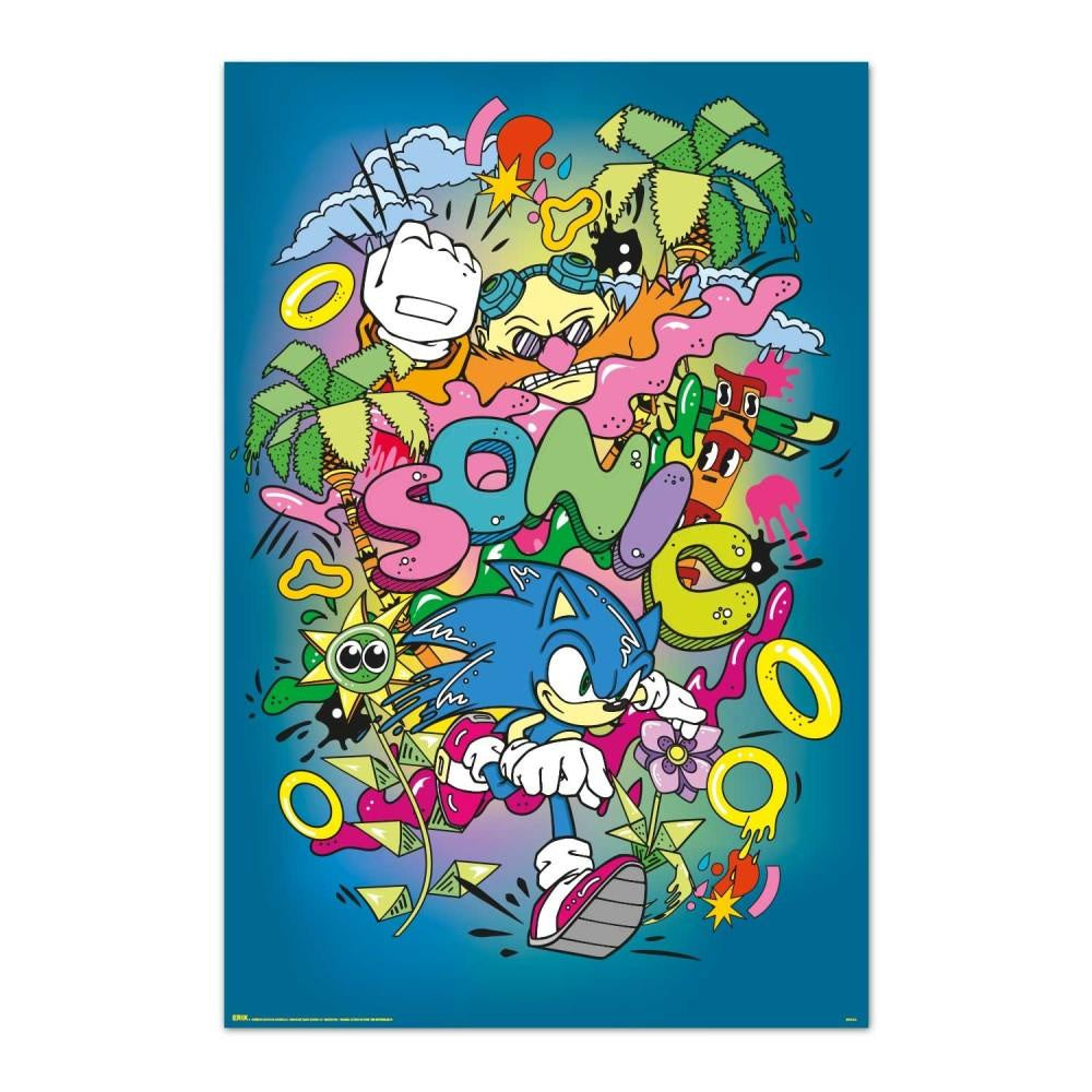 Colorful poster with Sonic the Hedgehog and various characters on a blue background