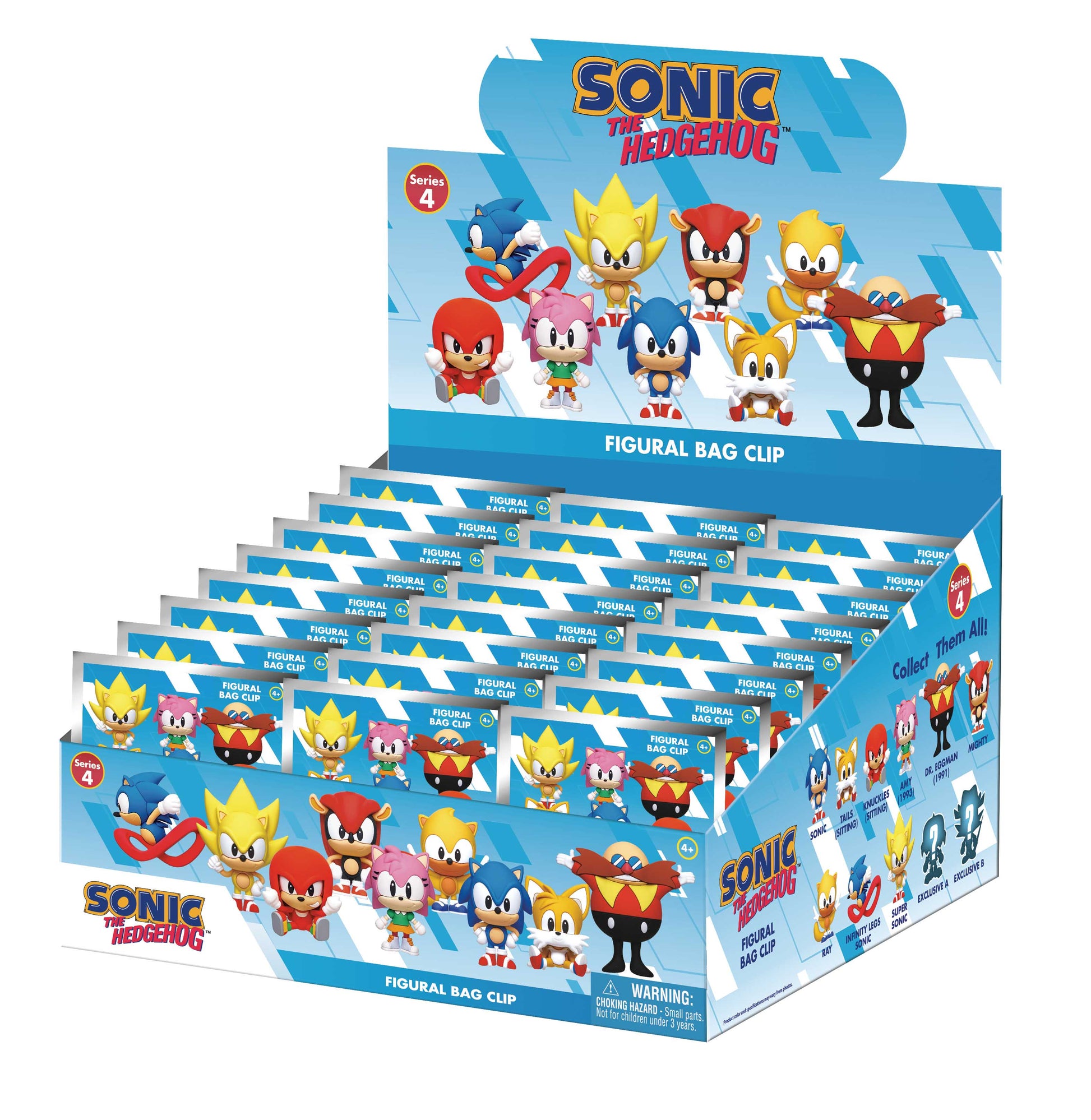 Display box of Sonic the Hedgehog figurines with multiple packaging options.
