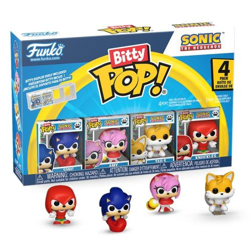 Funko Bitty Pop! Sonic the Hedgehog figure set packaging with figures displayed in front.