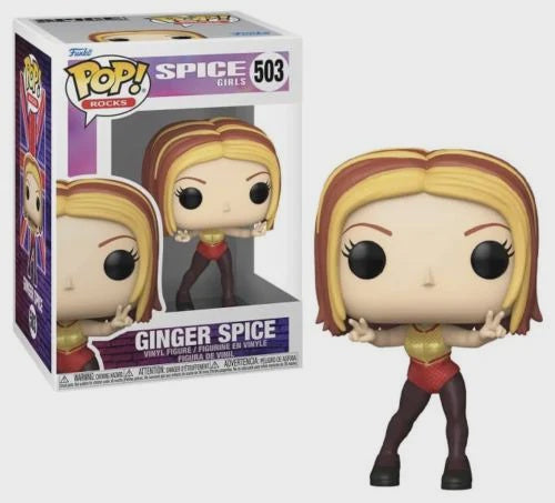 Funko Pop! Movies Spice Girls Ginger Spice vinyl figure number 503, shown next to its original window box packaging on a light gray background.