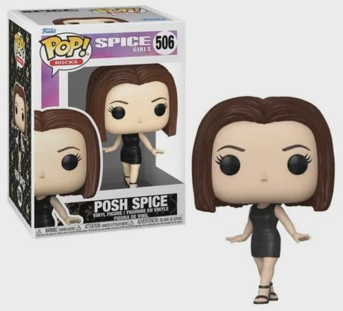 Funko Pop! Rocks vinyl figure of Posh Spice, number 506, shown next to its original window box packaging on a white background.